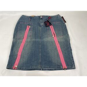 Mecca Femme Stretch Denim Skirt Womens Size 16W Blue With Pink Accent Zippers